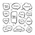 Vector set of hand drawn think and talk speech bubbles with message, greetings and dialog. Royalty Free Stock Photo